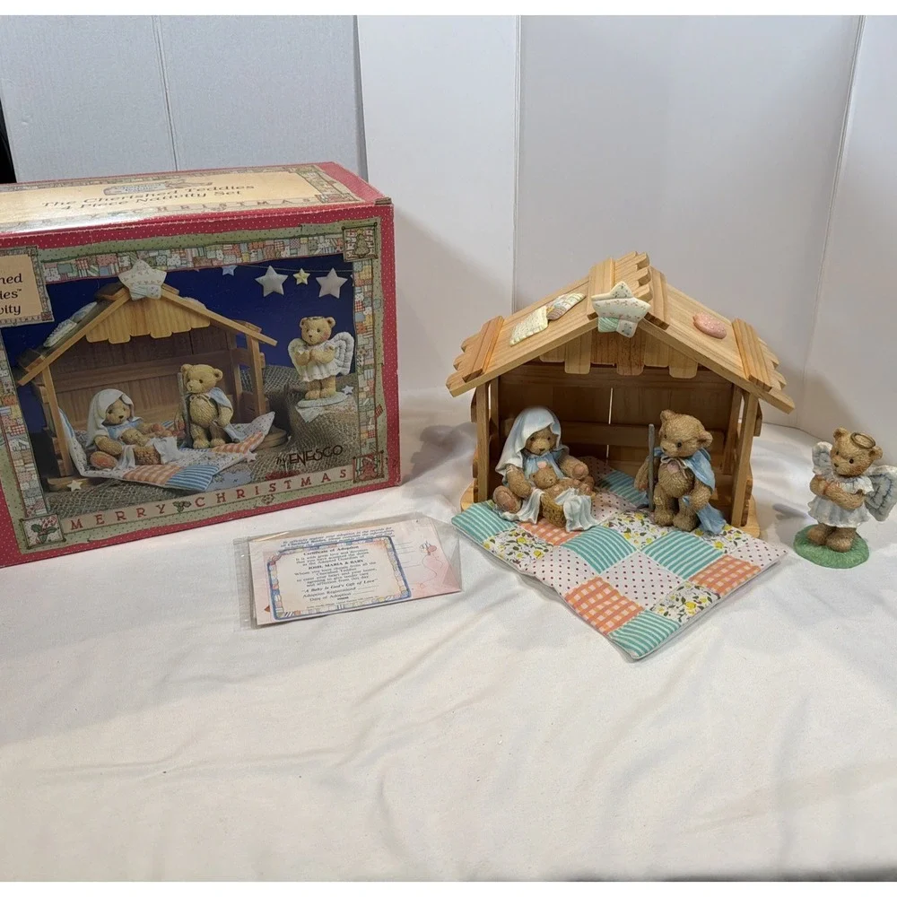 Vintage Enesco Cherished Teddies Nativity 4 Piece Set Stable‎ Figurines Box